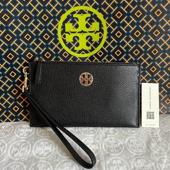 Tory Burch Chelsea Wristlet Bag Black Gold - Picture 1 of 8
